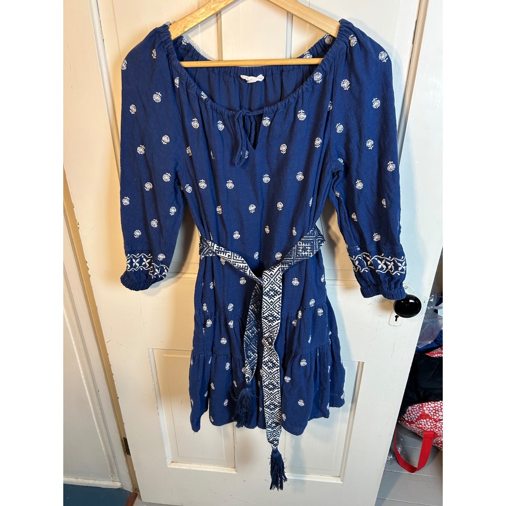 A Loves A Blue Embroidered Cotton‎ Gauze Boho Mini Dress with Tassel Belt XS